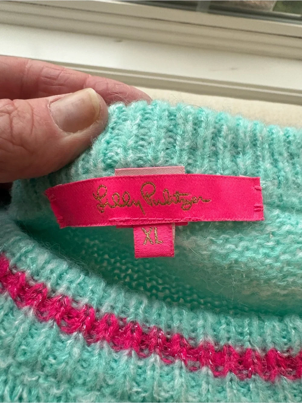 Lilly Pulitzer Mint Green "Vacay Ready" Crewneck Sweater with Pink Script - Picture 3 of 3